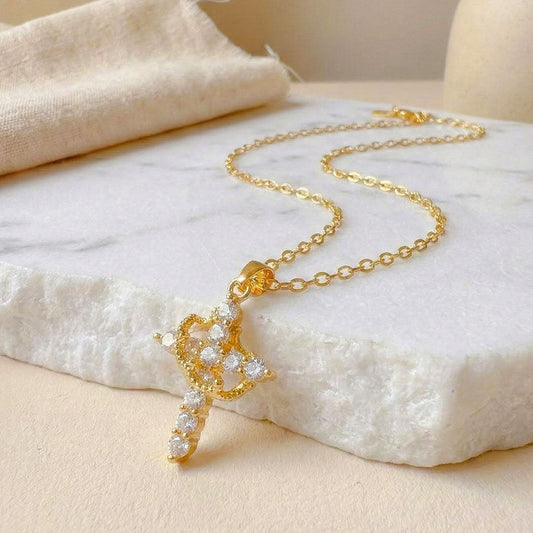 Collar Cruz Coronada para Mujer - Baño de Oro con Zirconias