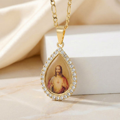 Collar del Sagrado Corazón de Jesús Gota para Mujer - Baño de Oro con Zirconias